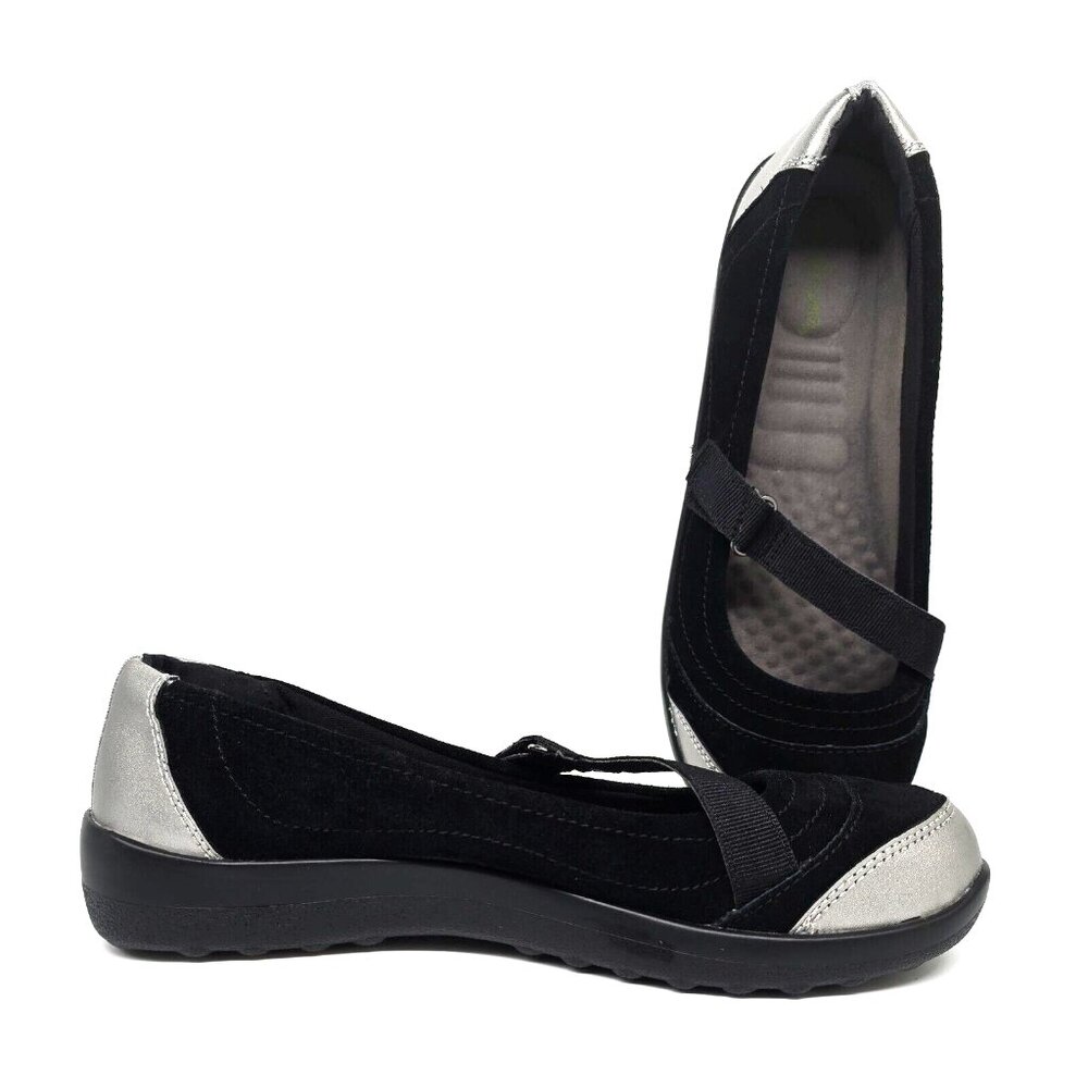 Norm Thompson Black Silver Faux Suede Flats Hook N Loop Women's Size 8M